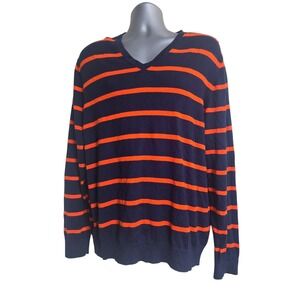 JCP Mens XL Navy Blue Orange Striped V-Neck Cotton Cashmere Blend Sweater A8